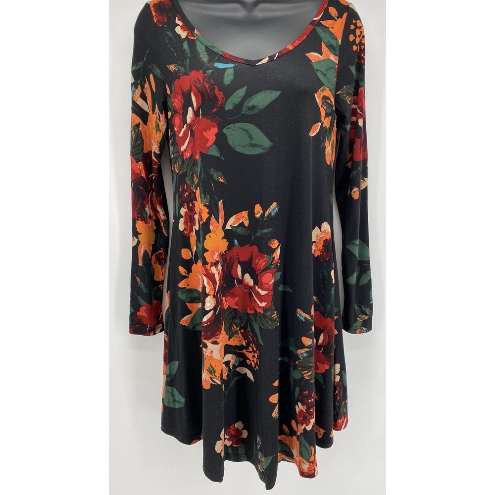 Dearcase Dress Womens Sz S Floral Long Sleeve V-Neck Tunic Black Red Orange Fall